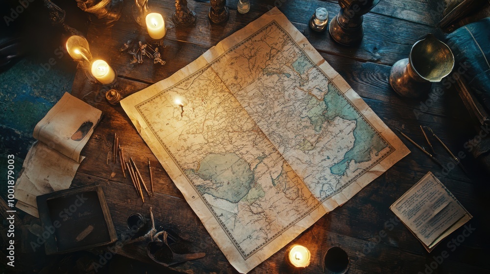 custom made wallpaper toronto digitalAntique Map on Oak Table with Candles and Artifacts