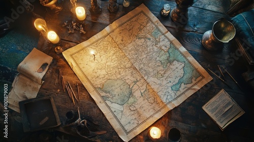 Wallpaper Mural Antique Map on Oak Table with Candles and Artifacts Torontodigital.ca