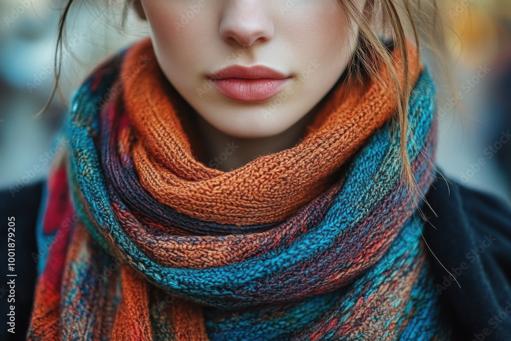 A stylish scarf gracefully adorns a woman's neck, showcasing rich textures and vibrant hues in a detailed close-up A stylish scarf gracefully adorns a woman's neck, showcasing rich textures and vibrant hues in a detailed close-up