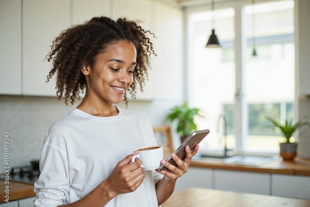A smiling woman with curly hair drinks coffee and uses her smartphone in a bright kitchen, representing a relaxed lifestyle filled with modern conveniences and joy. A smiling woman with curly hair drinks coffee and uses her smartphone in a bright kitchen, representing a relaxed lifestyle filled with modern conveniences and joy.