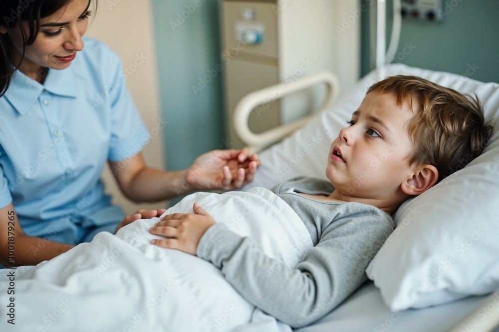 A nurse holds the hand of a young boy in a hospital bed, showing care and compassion. The room is softly lit, creating a calming environment. A nurse holds the hand of a young boy in a hospital bed, showing care and compassion. The room is softly lit, creating a calming environment.