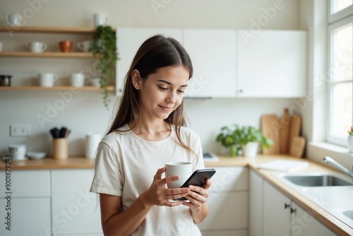 A woman with a mug enjoys casually scrolling through her smartphone in a bright, white kitchen, emphasizing relaxation, modern lifestyle, and connectivity.