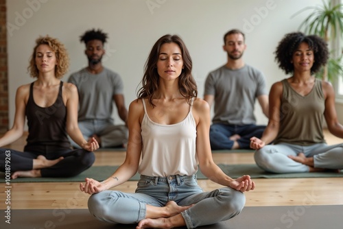 A group of diverse individuals are meditating together in a serene yoga studio. The peaceful atmosphere and focused expressions emphasize mindfulness and tranquility. photo