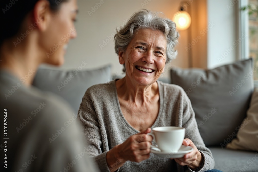 An elderly woman enjoys a lively conversation over a cup of tea, sharing warmth and happiness, demonstrating the joy found in social connections and shared memories. An elderly woman enjoys a lively conversation over a cup of tea, sharing warmth and happiness, demonstrating the joy found in social connections and shared memories.