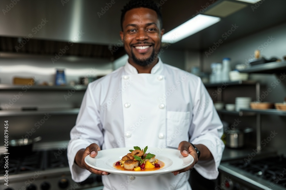 A male chef stands in a bustling kitchen, holding a plate of exquisite cuisine, embodying the blend of taste and hospitality inherent in cooking craft. A male chef stands in a bustling kitchen, holding a plate of exquisite cuisine, embodying the blend of taste and hospitality inherent in cooking craft.
