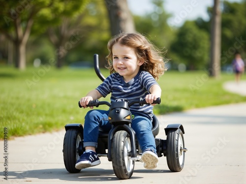 A gleeful child, with wind in their hair, rides a tricycle in a sun-dappled park, exuding sheer happiness and freedom typically found in carefree childhood.