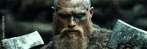 A fierce Viking warrior with a beard and axe. photo