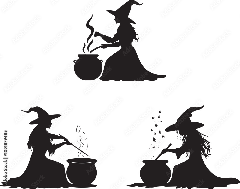 Silhouette of a witch stirring a cauldron vector, halloween icon Silhouette of a witch stirring a cauldron vector, halloween icon