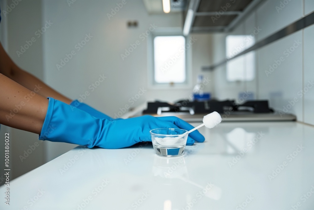 An individual with blue gloves is captured holding a small glass dish containing cleaning materials, effectively portraying the concept of hygiene and cleanliness in a modern setting. An individual with blue gloves is captured holding a small glass dish containing cleaning materials, effectively portraying the concept of hygiene and cleanliness in a modern setting.