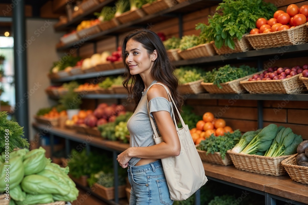 A woman shops for fresh produce in a rustic grocery store, surrounded by vibrant fruits and vegetables. Her thoughtful selection depicts a conscious lifestyle choice. A woman shops for fresh produce in a rustic grocery store, surrounded by vibrant fruits and vegetables. Her thoughtful selection depicts a conscious lifestyle choice.