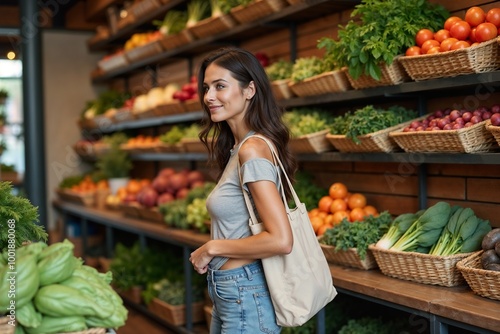 A woman shops for fresh produce in a rustic grocery store, surrounded by vibrant fruits and vegetables. Her thoughtful selection depicts a conscious lifestyle choice.