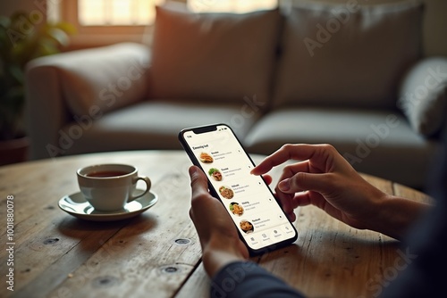 A person is browsing a food delivery menu on a smartphone while sitting at a wooden table with a coffee cup, illustrating modern digital conveniences and decision-making. photo