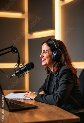 A confident woman hosts a podcast from her modern workspace featuring a professional microphone as she shares insights, creating engaging audio content in a focused ambiance. photo