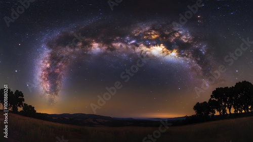 An expansive view of the Milky Way arching gracefully over a still, dark landscape on a calm night. The wide-angle perspective emphasizes the vastness of the galaxy, showcasing brilliant clusters 