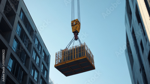 Show a crane lifting a large section of a building or structure into place. The focus should be on the mechanical arms, the pulleys, and the load being carefully maneuvered.  photo