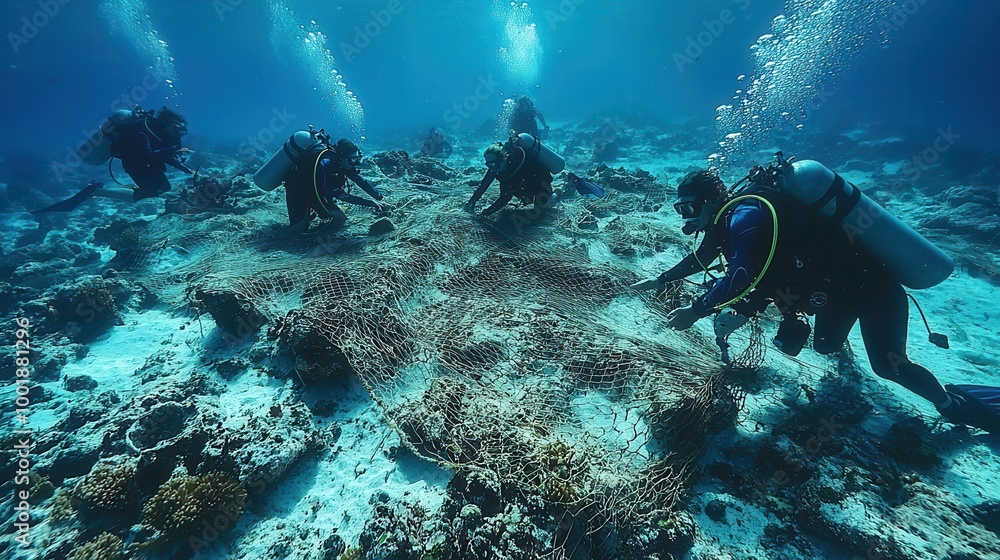 Divers Removing Fishing Nets from Coral Reef Divers Removing Fishing Nets from Coral Reef