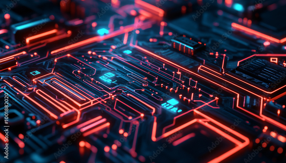 Obraz premium A close-up of a futuristic circuit board with glowing lines and components, evoking high-tech and digital precision