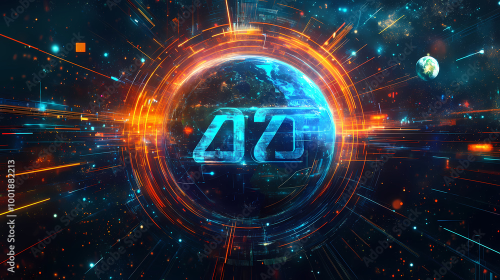 Fototapeta premium futuristic typography with planet earth and cosmic background. Futuristic Typography. Illustration