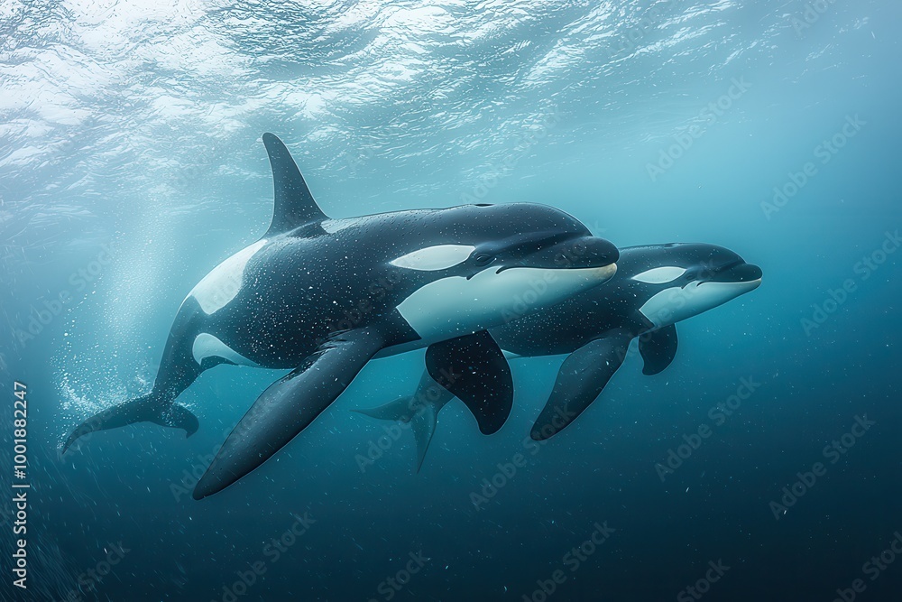 Fototapeta premium Majestic Orcas Swimming Underwater in Tranquil Ocean