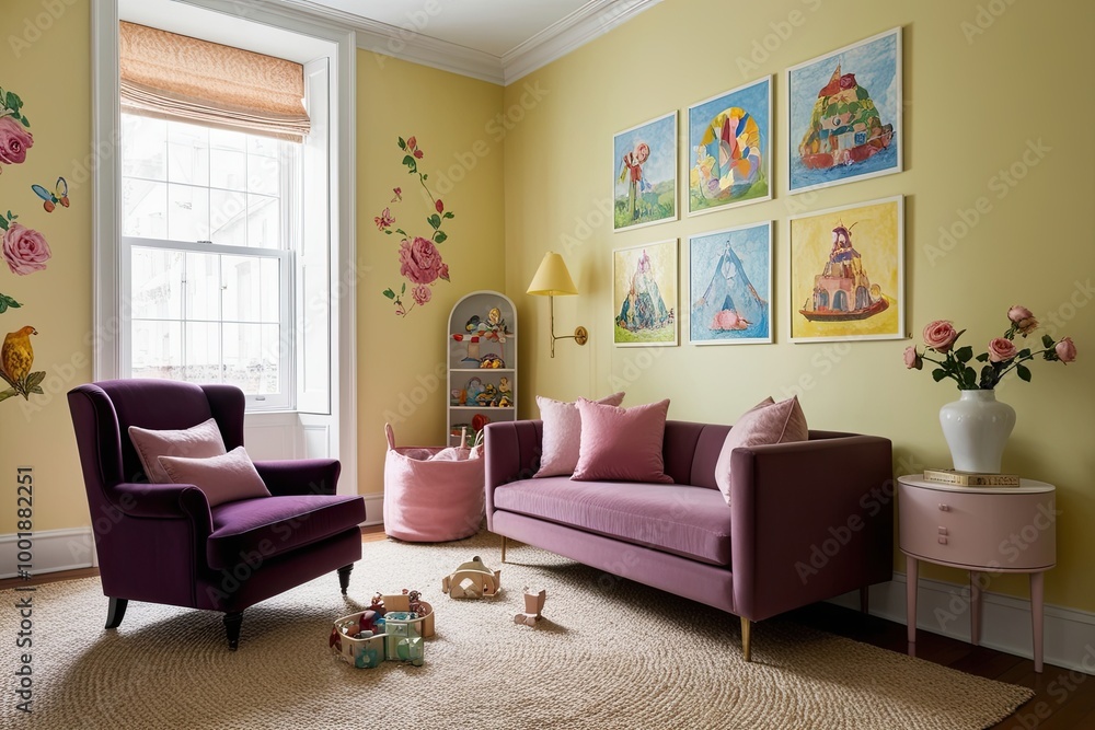 Obraz premium Whimsical Playroom Ideas Featuring Plum Armchair Rose Pastel Pillows and Colorful Murals on Butter Yellow Walls