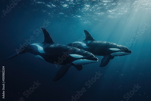 Majestic Orcas Swimming in Ocean Depths