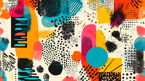 A fun and lively pop art background featuring a collage of bright colors, abstract shapes, and quirky patterns, adding a creative touch. Collage Art. Illustration photo