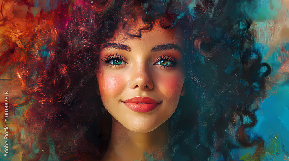 Obraz premium A fun photomontage in visual arts of a happy fictional character with curly hair. the painting showcases her striking eyelashes and unique features. Photomontage. Illustration