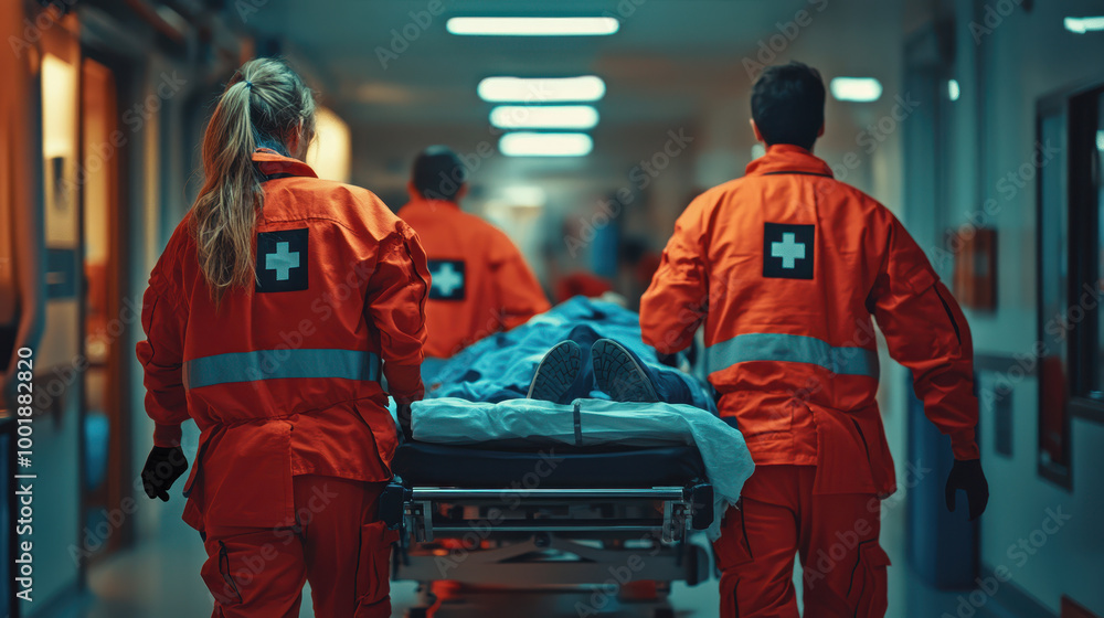 Emergency room staff in action, showcasing teamwork and urgency as they transport patient on stretcher through hospital corridor. scene captures dedication and professionalism of medical personnel Emergency room staff in action, showcasing teamwork and urgency as they transport patient on stretcher through hospital corridor. scene captures dedication and professionalism of medical personnel