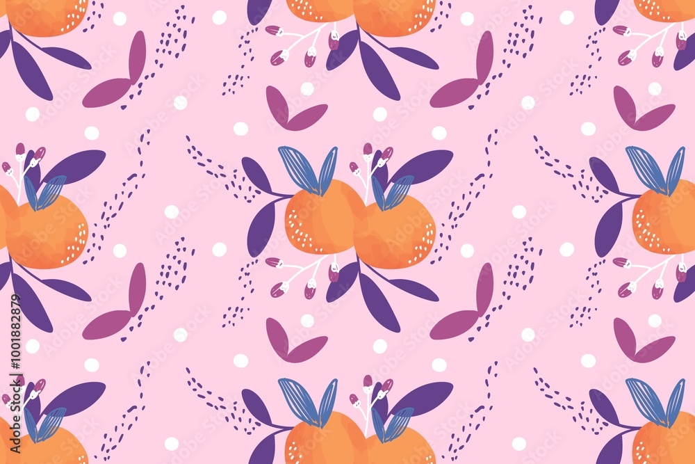Floral seamless pattern with leaves, hand drawn orange fruit illustration, art work style digital printing for fabric wallpaper background, dress, bed sheet, wall, sticker and shirt Floral seamless pattern with leaves, hand drawn orange fruit illustration, art work style digital printing for fabric wallpaper background, dress, bed sheet, wall, sticker and shirt