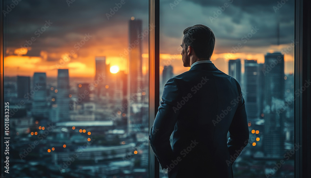 Confident businessman watching city sunset through window generated Confident businessman watching city sunset through window generated