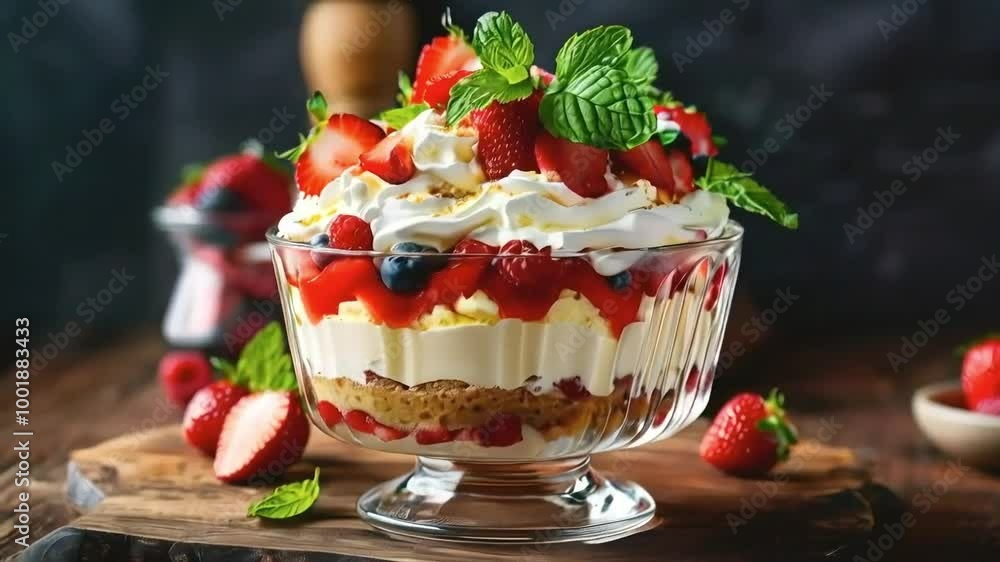 A Delicious Dessert Made with Whipped Cream, Fresh Strawberries, and Blueberries in a Glass Bowl on a Wooden Cutting Board A Delicious Dessert Made with Whipped Cream, Fresh Strawberries, and Blueberries in a Glass Bowl on a Wooden Cutting Board