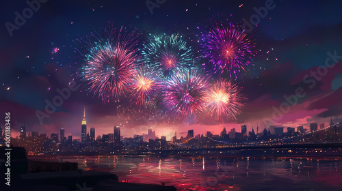 A painting of colorful fireworks illuminating the sky over a city at night happy new year Light Painting. Illustration photo