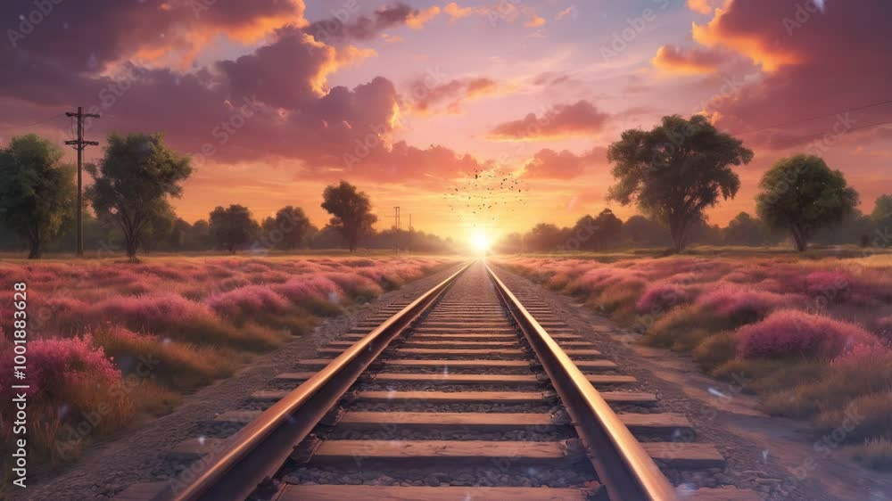 A lone set of train tracks leading into the distance with a warm, pink sunset sky and trees on either side. A lone set of train tracks leading into the distance with a warm, pink sunset sky and trees on either side.