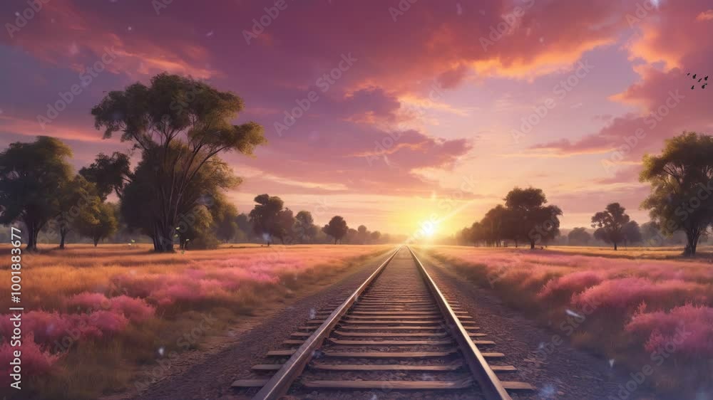 A picturesque sunset scene with a single set of train tracks extending into the distance. The sky is a vibrant pink and orange, with fluffy clouds adding a sense of depth and serenity. A picturesque sunset scene with a single set of train tracks extending into the distance. The sky is a vibrant pink and orange, with fluffy clouds adding a sense of depth and serenity.