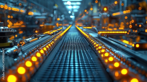 A close-up view of a factory assembly line filled with glowing lights in a manufacturing facility photo