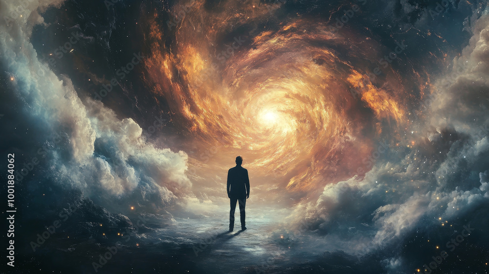Show someone standing amidst swirling chaos or confusion, but with a clear and focused vision in front of them. Show someone standing amidst swirling chaos or confusion, but with a clear and focused vision in front of them.