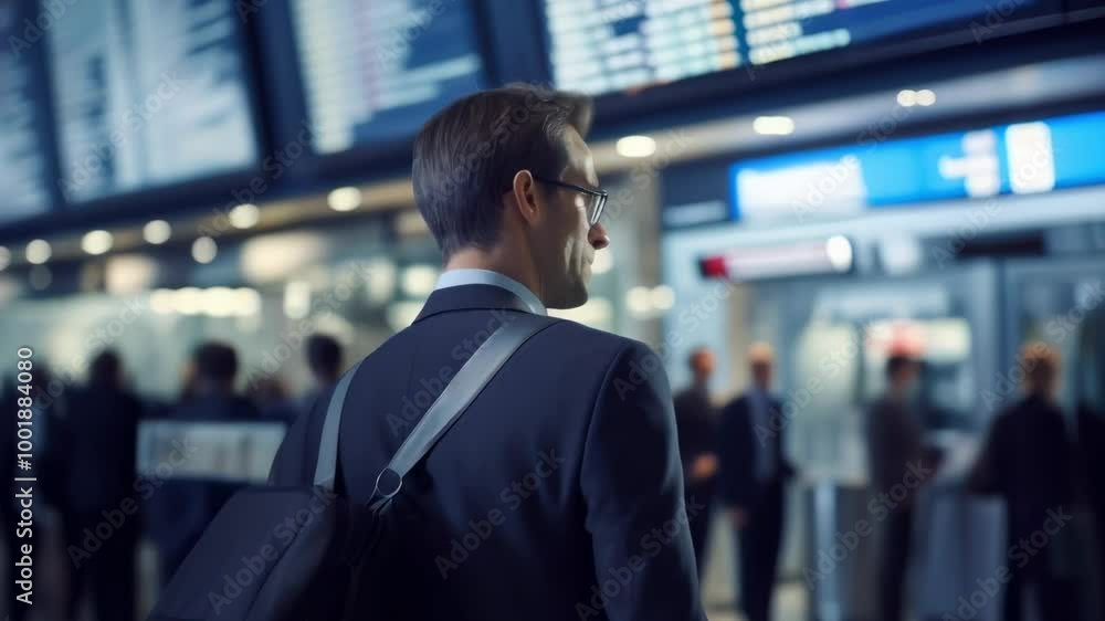 Focused businessman checks his flight time at a busy airport terminal at night, surrounded by a crowd of moving people, symbolizing the hustle of business travel Focused businessman checks his flight time at a busy airport terminal at night, surrounded by a crowd of moving people, symbolizing the hustle of business travel