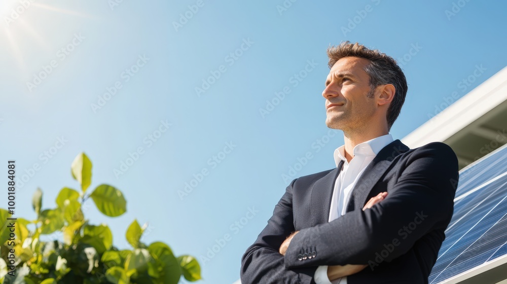 Confident Businessman by Solar Panels and Greenery Confident Businessman by Solar Panels and Greenery