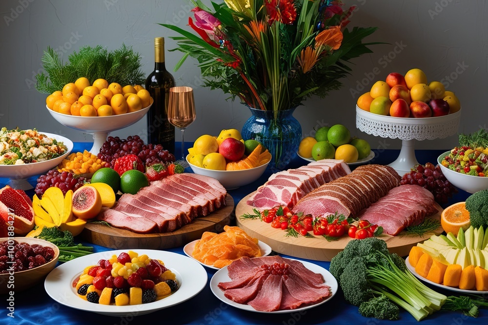 Lavish Meat and Fresh Produce Buffet with Colorful Fruits for a Memorable Birthday Celebration Lavish Meat and Fresh Produce Buffet with Colorful Fruits for a Memorable Birthday Celebration