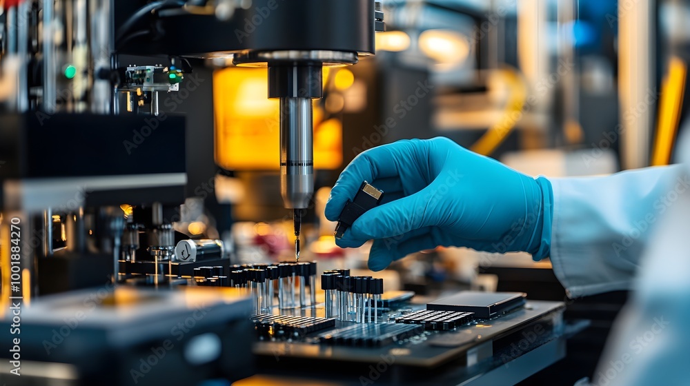A worker in gloves carefully tests electronic components using specialized equipment, surrounded by a clean and organized workspace, highlighting the process of electronic testing and quality A worker in gloves carefully tests electronic components using specialized equipment, surrounded by a clean and organized workspace, highlighting the process of electronic testing and quality