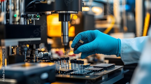 A worker in gloves carefully tests electronic components using specialized equipment, surrounded by a clean and organized workspace, highlighting the process of electronic testing and quality 