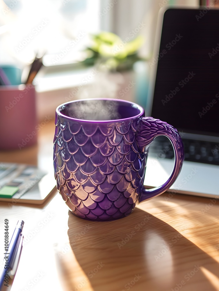 Steam rises from a purple dragon-scale mug on a sunlit desk Steam rises from a purple dragon-scale mug on a sunlit desk