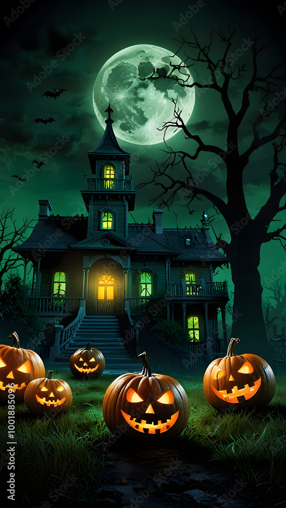 Fototapeta premium Spooky Halloween Scene with Creepy Pumpkins, Haunted Mansion, and Full Moon, Perfect for Horror-Themed Backgrounds, Scary Events, or Halloween Party Invitations
