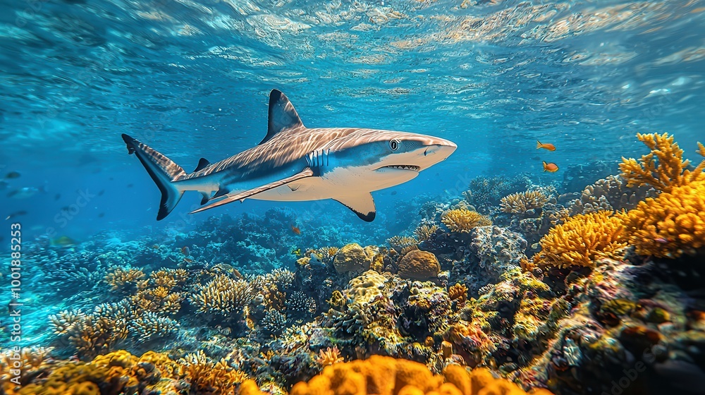 Fototapeta premium Shark Swimming in Vibrant Coral Reef Waters