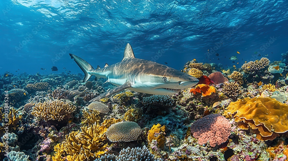 Fototapeta premium Shark Swimming Among Vibrant Coral Reef Life
