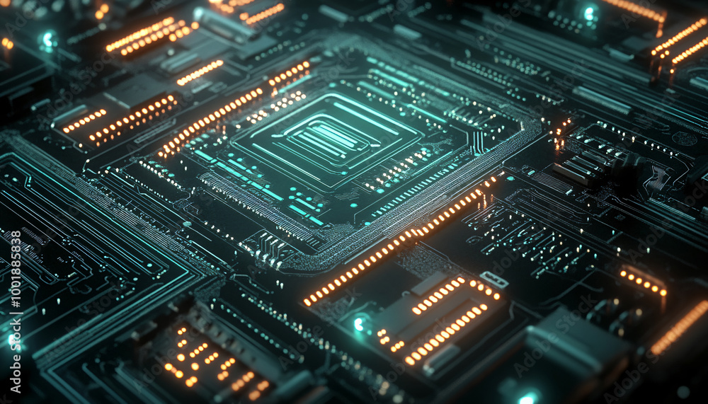 Obraz premium A close-up of a futuristic circuit board with glowing lines and components, evoking high-tech and digital precision