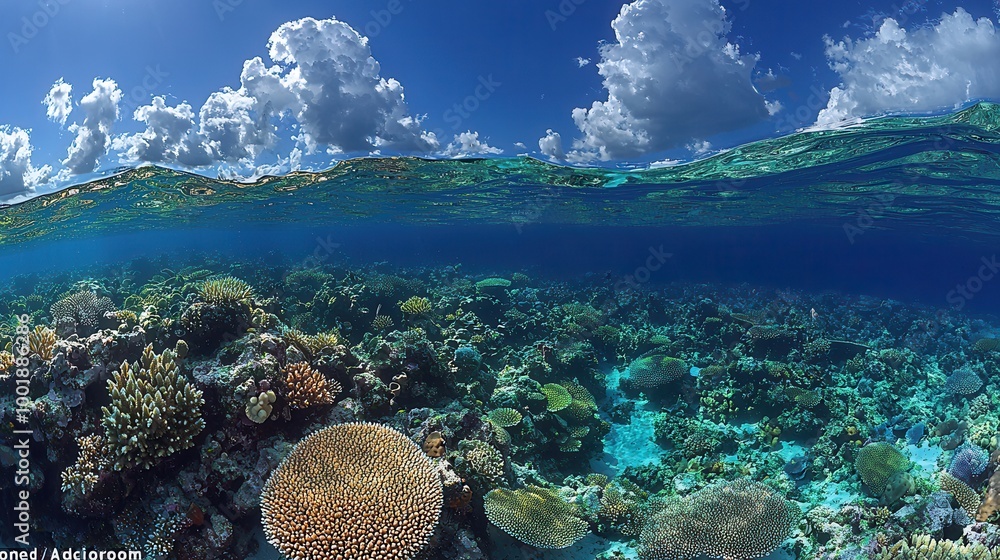 Vibrant Underwater Coral Reef with Blue Sky Above Vibrant Underwater Coral Reef with Blue Sky Above