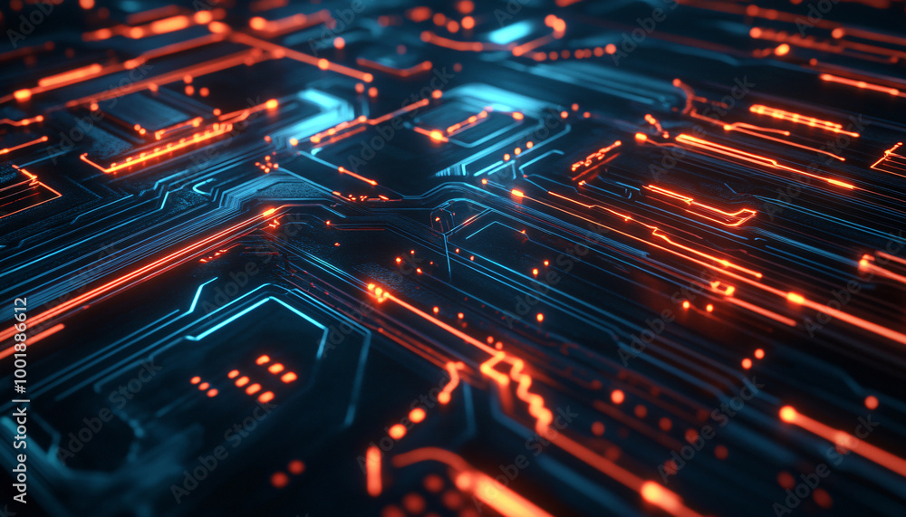 A close-up of a futuristic circuit board with glowing lines and components, evoking high-tech and digital precision A close-up of a futuristic circuit board with glowing lines and components, evoking high-tech and digital precision