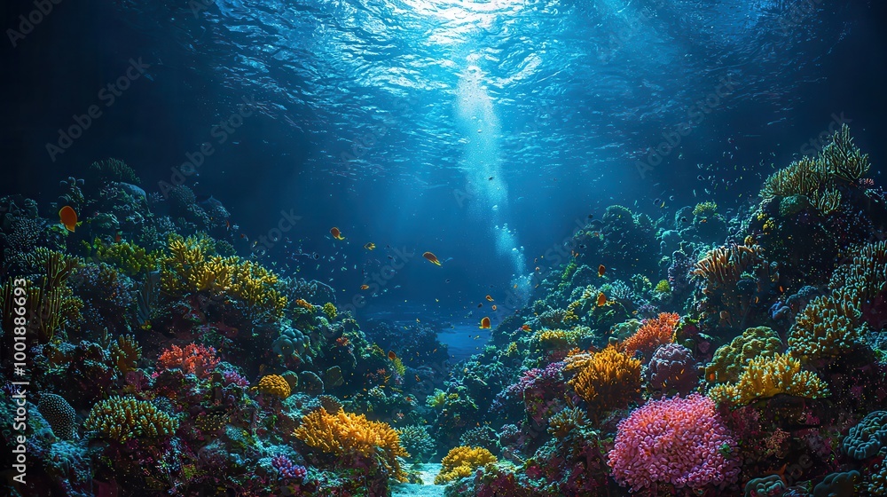 Fototapeta premium Vibrant Coral Reef Underwater Scene with Sunlight