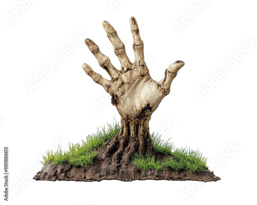 A zombie hand is on top of a tree stump. The stump is covered in grass. The hand is bent and has a few leaves on it